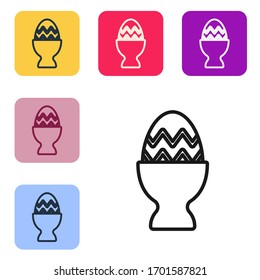 Black line Easter egg on a stand icon isolated on white background. Happy Easter. Set icons in color square buttons. Vector Illustration