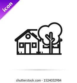 Black line Eco friendly house icon isolated on white background. Eco house with tree.  Vector Illustration