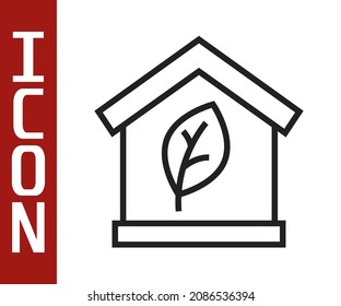 Black line Eco friendly house icon isolated on white background. Eco house with leaf.  Vector