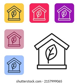 Black line Eco friendly house icon isolated on white background. Eco house with leaf. Set icons in color square buttons. Vector