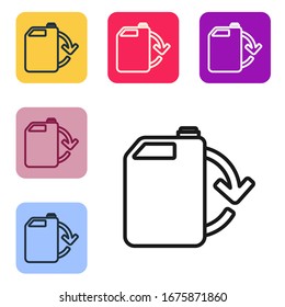 Black line Eco fuel canister icon isolated on white background. Eco bio and barrel. Green environment and recycle. Set icons in color square buttons. Vector Illustration