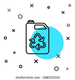 Black line Eco fuel canister icon isolated on white background. Eco bio and barrel. Green environment and recycle. Random dynamic shapes. Vector Illustration