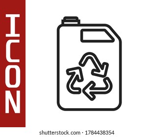 Black line Eco fuel canister icon isolated on white background. Eco bio and barrel. Green environment and recycle.  Vector Illustration