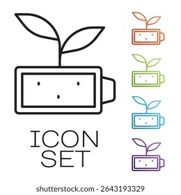 Black line Eco nature leaf and battery icon isolated on white background. Energy based on ecology saving concept. Set icons colorful. Vector