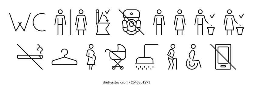 Linha preta ícone de traço editável definido para banheiros públicos, sinais vetoriais lineares para WC, lavatório, banheiro. Coleção de pictogramas monocromáticos para mulheres e homens vestiários e banheiros
