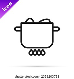 Black line Egg in hot pot icon isolated on white background. Boiled egg. Happy Easter.  Vector Illustration