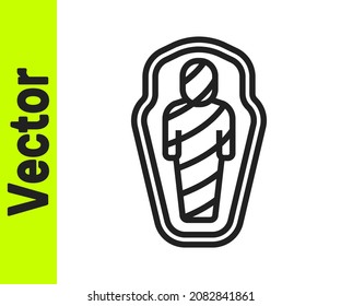Black line Egypt mummy in sarcophagus icon isolated on white background.  Vector