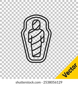 Black line Egypt mummy in sarcophagus icon isolated on transparent background.  Vector