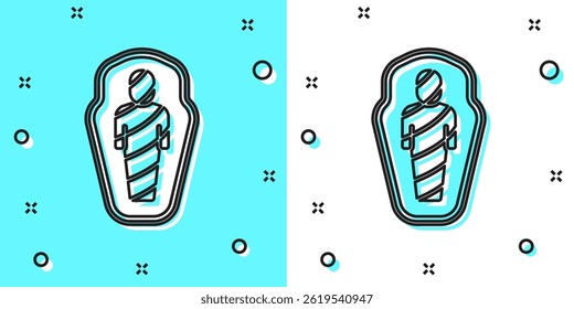 Black line Egypt mummy in sarcophagus icon isolated on green and white background. Random dynamic shapes. Vector