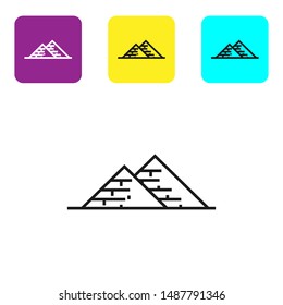 Black line Egypt pyramids icon isolated on white background. Symbol of ancient Egypt. Set icons colorful square buttons. Vector Illustration