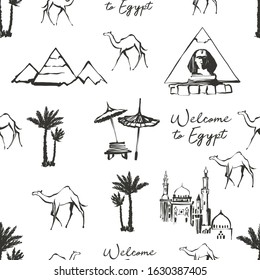 Black line Egypt seamless pattern background. Pyramid, camel, sphinx monument, palm tree, mosque Cairo, beach chair and umbrella elements. Ancient tracery design. Linear sketch on white background.