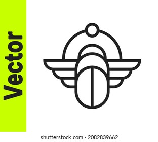 Black line Egyptian Scarab icon isolated on white background. Winged scarab Beetle and sun.  Vector
