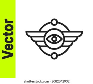 Black line Egyptian symbol Winged sun icon isolated on white background.  Vector