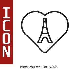 Black line Eiffel tower with heart icon isolated on white background. France Paris landmark symbol.  Vector