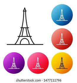 Black line Eiffel tower icon isolated on white background. France Paris landmark symbol. Set icons colorful circle buttons. Vector Illustration