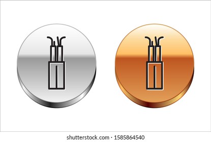 Black line Electric cable icon isolated on white background. Silver-gold circle button. Vector Illustration