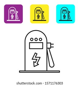 Black line Electric car charging station icon isolated on white background. Eco electric fuel pump sign. Set icons colorful square buttons. Vector Illustration
