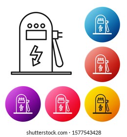 Black line Electric car charging station icon isolated on white background. Eco electric fuel pump sign. Set icons colorful circle buttons. Vector Illustration