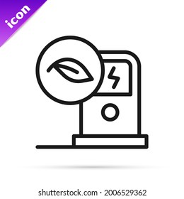 Black line Electric car charging station icon isolated on white background. Eco electric fuel pump sign.  Vector