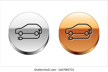 Black line Electric car and electrical cable plug charging icon isolated on white background. Renewable eco technologies. Silver-gold circle button. Vector Illustration