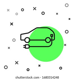 Black line Electric car and electrical cable plug charging icon isolated on white background. Renewable eco technologies.  Vector Illustration