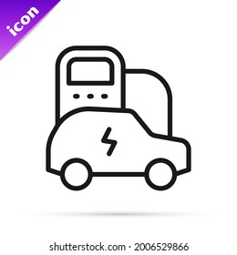 Black line Electric car and electrical cable plug charging icon isolated on white background. Renewable eco technologies.  Vector