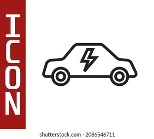 Línea negra Icono de carga del enchufe eléctrico y del coche eléctrico aislado en fondo blanco. Tecnologías ecológicas renovables.  Vector