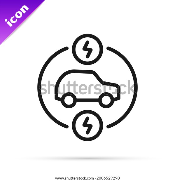 Black line Electric car and electrical cable plug\
charging icon isolated on white background. Renewable eco\
technologies.  Vector
