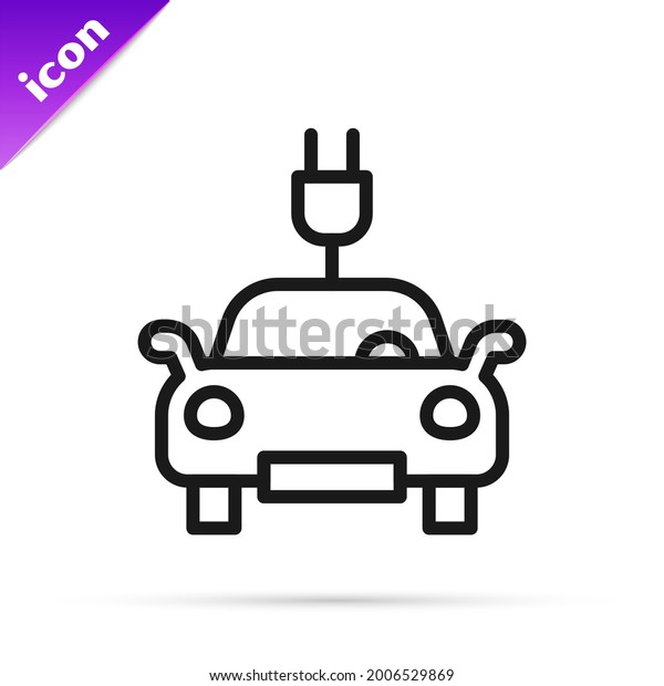 Black line Electric car and electrical cable plug
charging icon isolated on white background. Renewable eco
technologies.  Vector