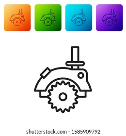 Black line Electric circular saw with steel toothed disc icon isolated on white background. Electric hand tool for cutting wood or metal. Set icons in color square buttons. Vector Illustration