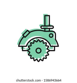 Black line Electric circular saw with steel toothed disc icon isolated on white background. Electric hand tool for cutting wood or metal.  Vector Illustration