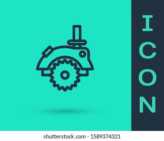 Black line Electric circular saw with steel toothed disc icon isolated on green background. Electric hand tool for cutting wood or metal.  Vector Illustration
