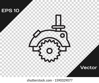 Black line Electric circular saw with steel toothed disc icon isolated on transparent background. Electric hand tool for cutting wood or metal.  Vector Illustration