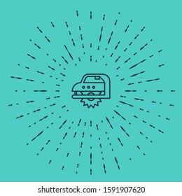 Black line Electric circular saw with steel toothed disc icon isolated on green background. Electric hand tool for cutting wood or metal. Abstract circle random dots. Vector Illustration