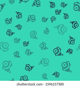 Black line Electric circular saw with steel toothed disc icon isolated seamless pattern on green background. Electric hand tool for cutting wood or metal.  Vector Illustration