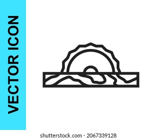 Black line Electric circular saw with steel toothed disc icon isolated on white background. Electric hand tool for cutting wood or metal.  Vector