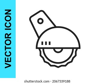 Black line Electric circular saw with steel toothed disc icon isolated on white background. Electric hand tool for cutting wood or metal.  Vector