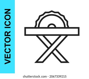 Black line Electric circular saw with steel toothed disc icon isolated on white background. Electric hand tool for cutting wood or metal.  Vector