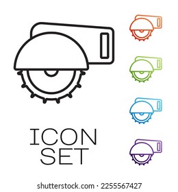 Black line Electric circular saw with steel toothed disc icon isolated on white background. Electric hand tool for cutting wood or metal. Set icons colorful. Vector