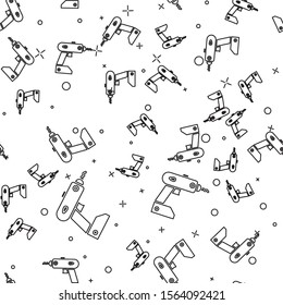 Black line Electric cordless screwdriver icon isolated seamless pattern on white background. Electric drill machine. Repair tool.  Vector Illustration