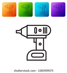 Black line Electric cordless screwdriver icon isolated on white background. Electric drill machine. Repair tool. Set icons in color square buttons. Vector Illustration