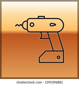 Black line Electric cordless screwdriver icon isolated on gold background. Electric drill machine. Repair tool.  Vector Illustration