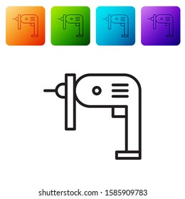 Black line Electric drill machine icon isolated on white background. Repair tool. Set icons in color square buttons. Vector Illustration