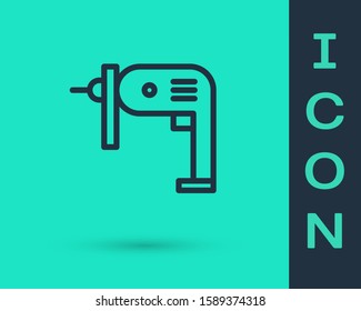 Black line Electric drill machine icon isolated on green background. Repair tool.  Vector Illustration