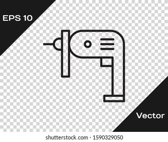 Black line Electric drill machine icon isolated on transparent background. Repair tool.  Vector Illustration