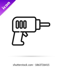 Black line Electric drill machine icon isolated on white background. Repair tool.  Vector