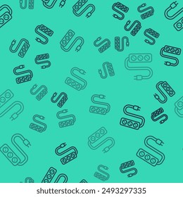 Black line Electric extension cord icon isolated seamless pattern on green background. Power plug socket.  Vector