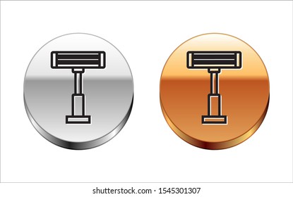 Black line Electric heater icon isolated on white background. Infrared floor heater with remote control. House climate control. Silver-gold circle button. Vector Illustration