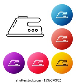 Black line Electric iron icon isolated on white background. Steam iron. Set icons colorful circle buttons. Vector Illustration