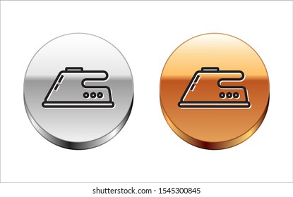 Black line Electric iron icon isolated on white background. Steam iron. Silver-gold circle button. Vector Illustration